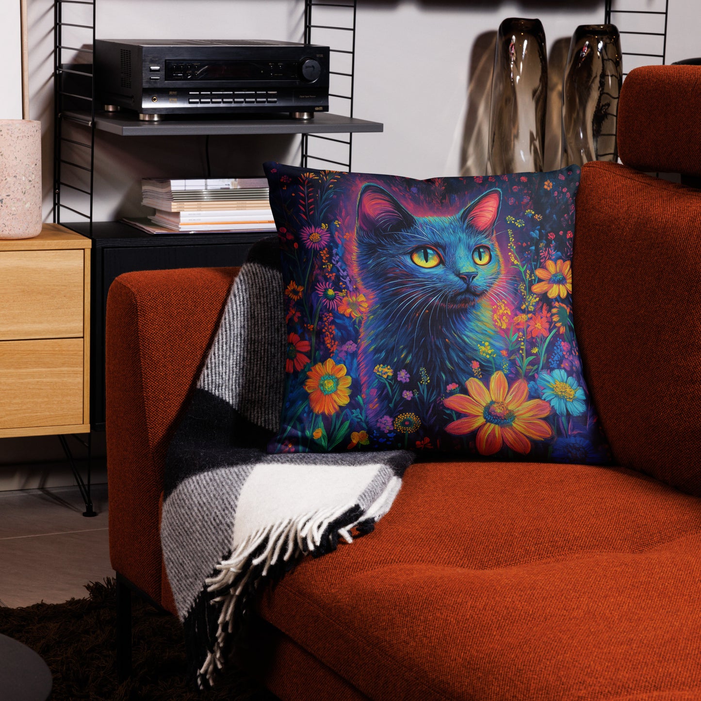 Neon Colorful Cats and Flowers Premium Pillow