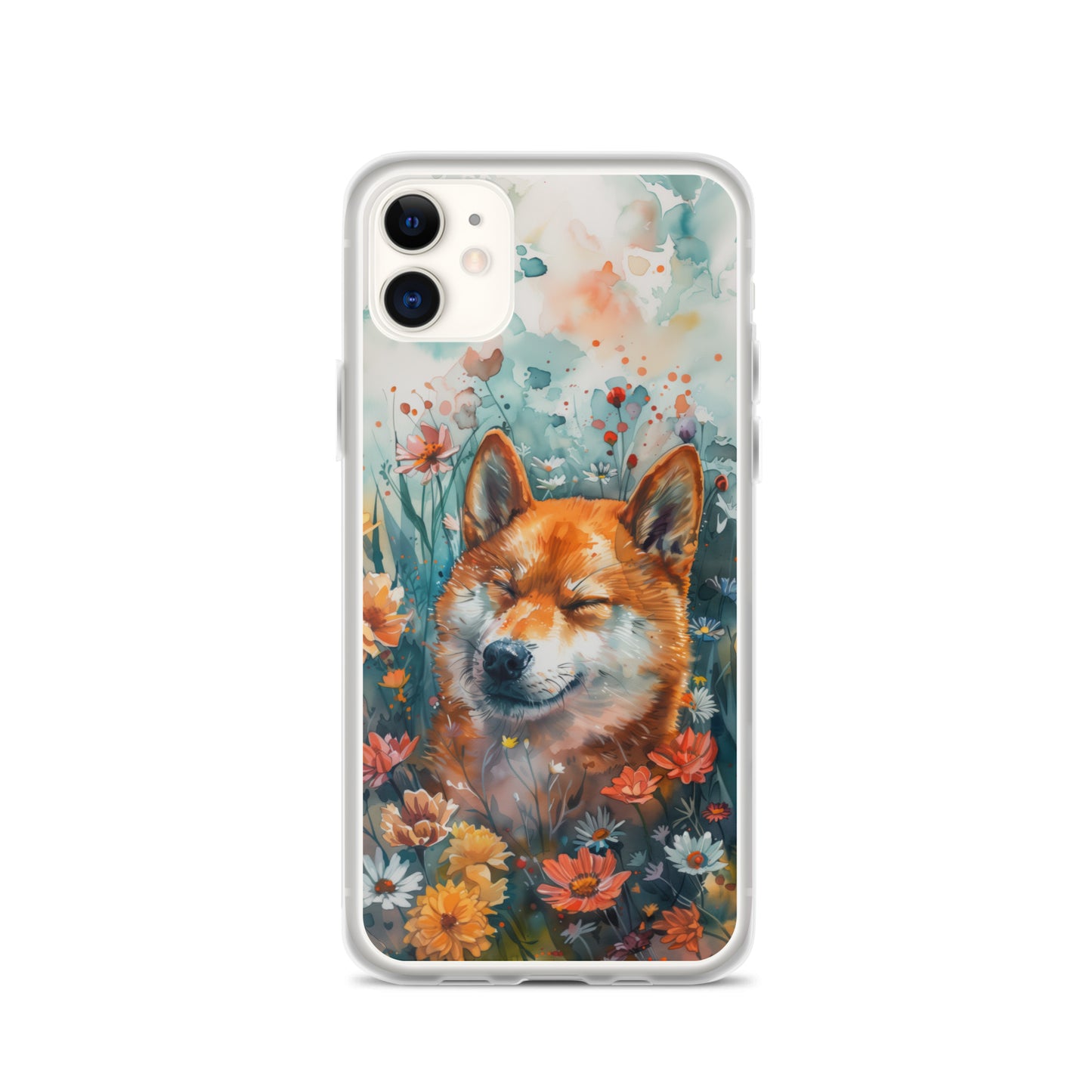 iPhone Case Watercolor Shiba Inu with Colorful Flowers