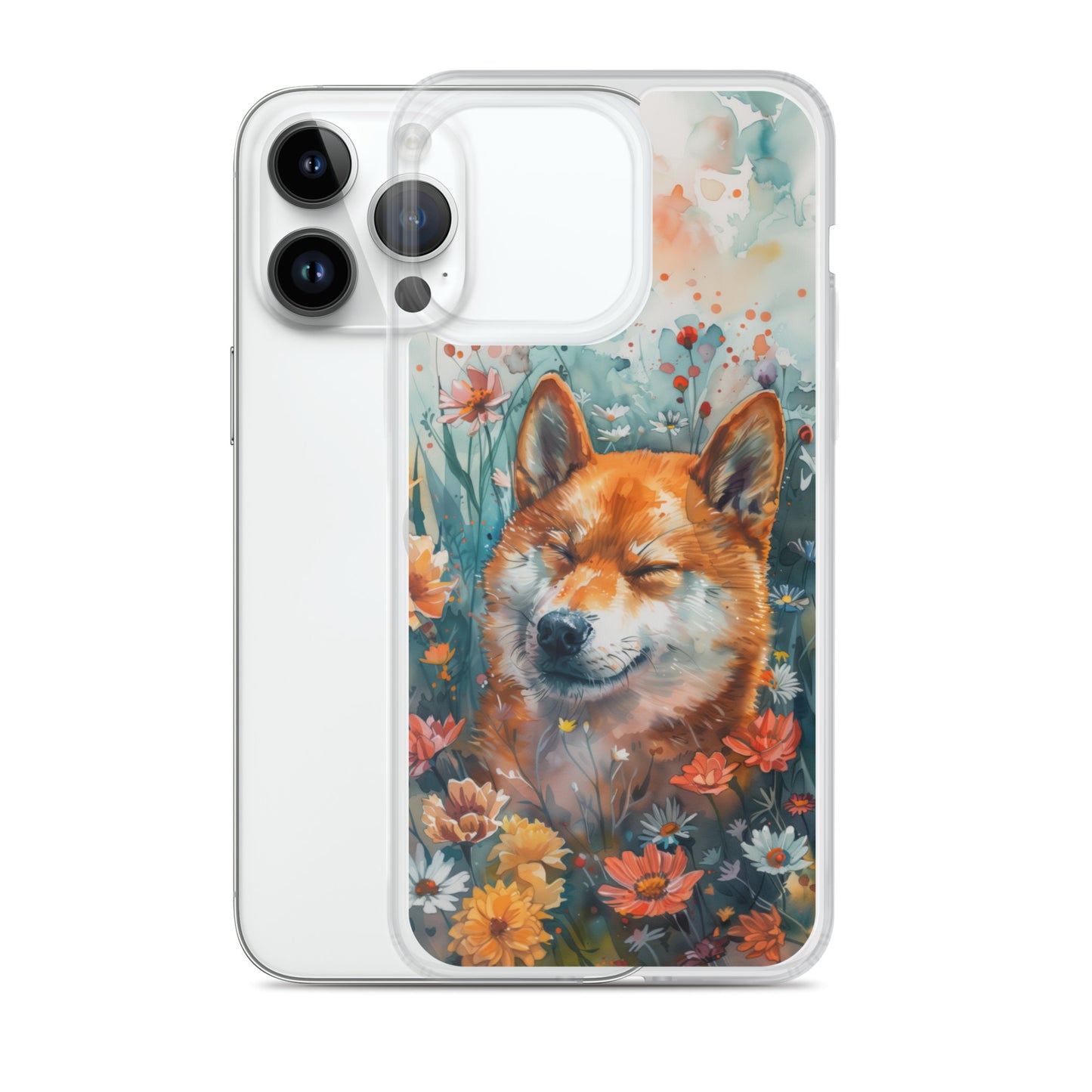 iPhone Case Watercolor Shiba Inu with Colorful Flowers