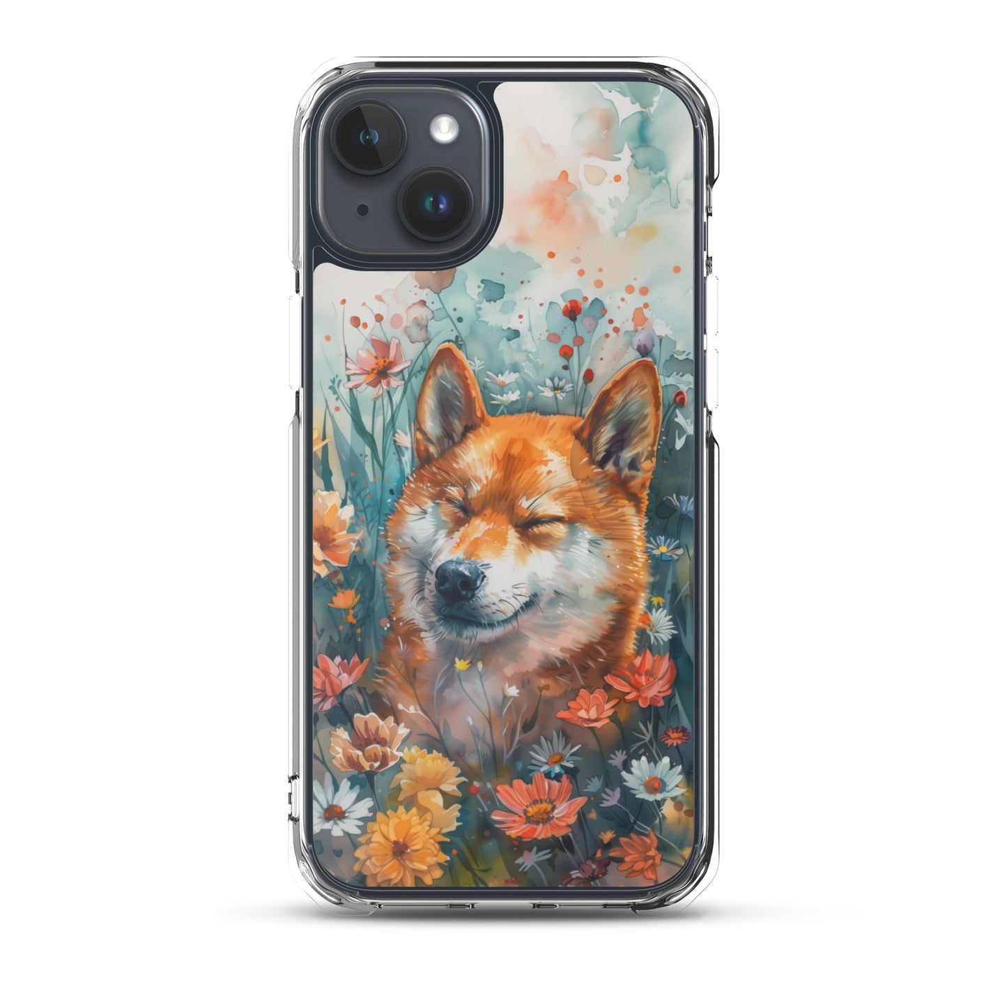 iPhone Case Watercolor Shiba Inu with Colorful Flowers