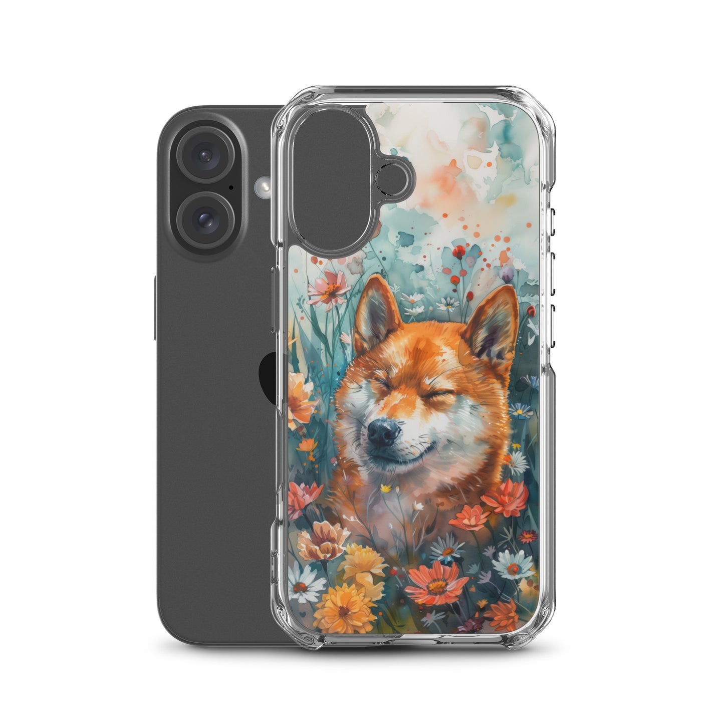 iPhone Case Watercolor Shiba Inu with Colorful Flowers