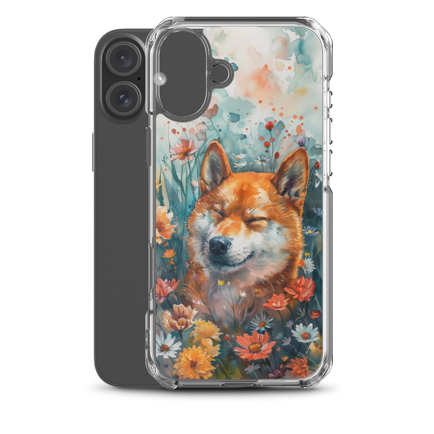 iPhone Case Watercolor Shiba Inu with Colorful Flowers