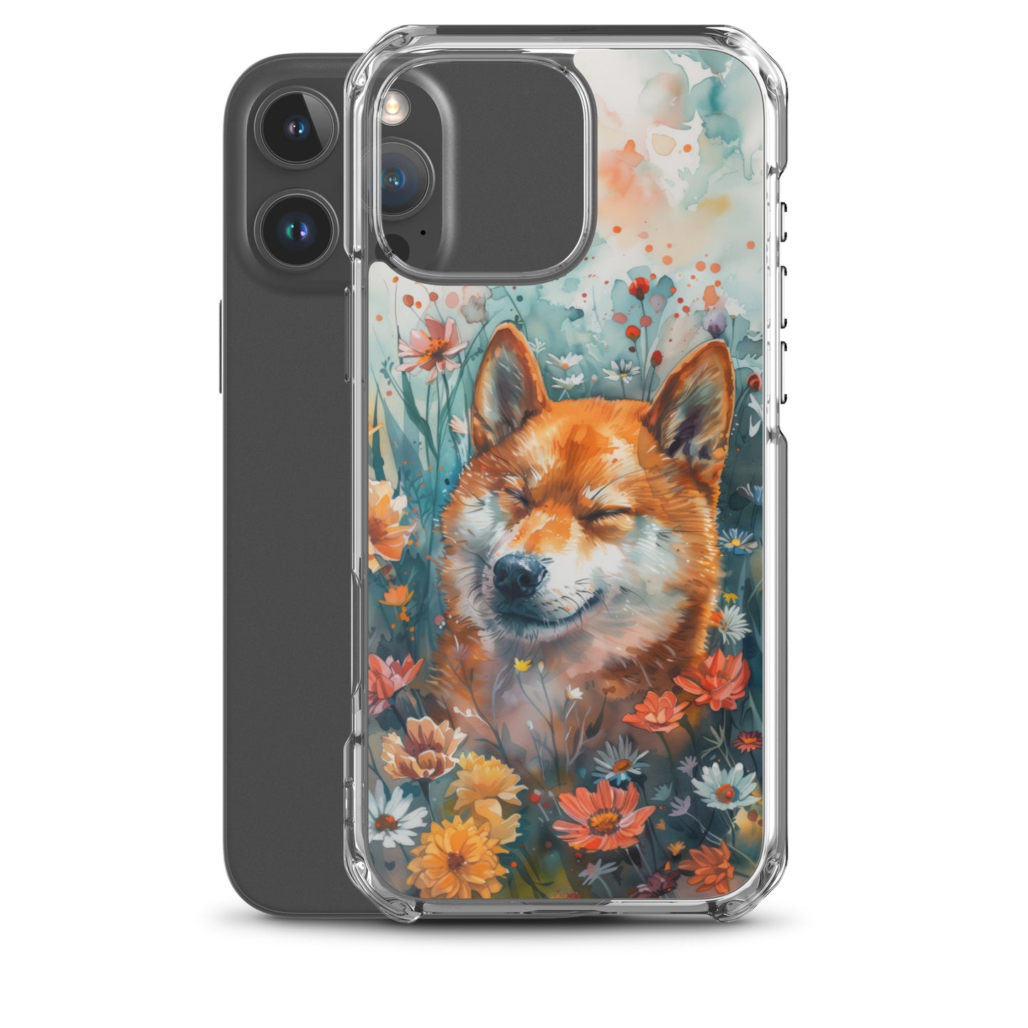 iPhone Case Watercolor Shiba Inu with Colorful Flowers