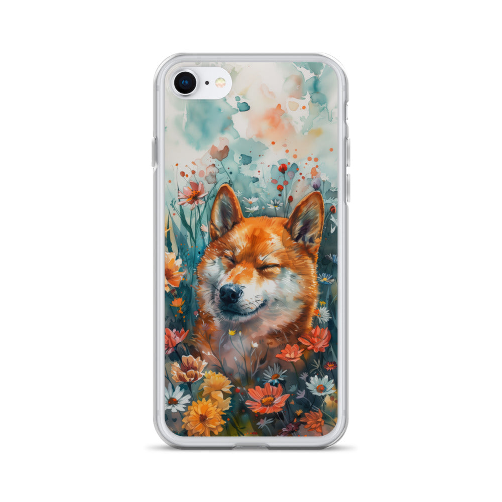 iPhone Case Watercolor Shiba Inu with Colorful Flowers