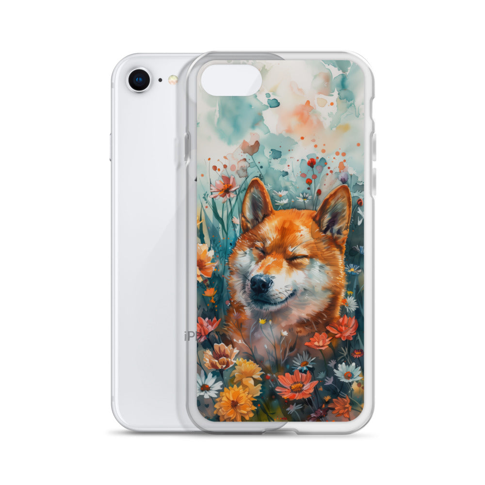 iPhone Case Watercolor Shiba Inu with Colorful Flowers