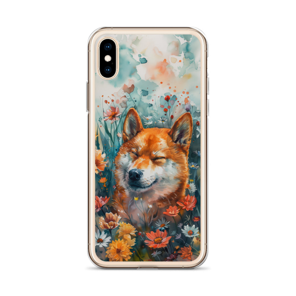 iPhone Case Watercolor Shiba Inu with Colorful Flowers