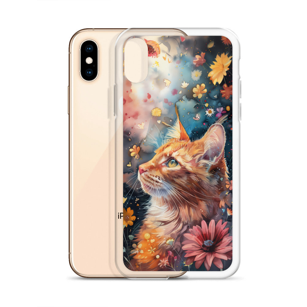 iPhone Case: Watercolor Orange Tabby Cat with Colorful Flowers