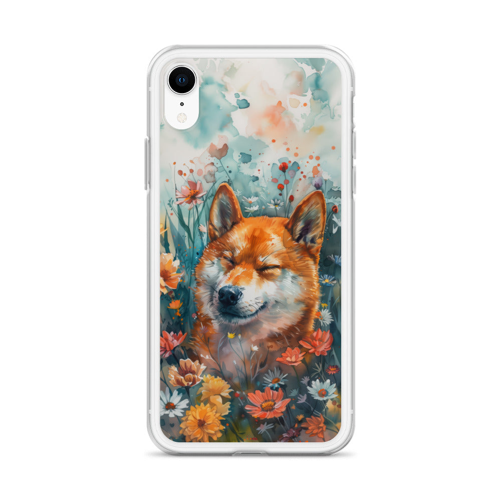 iPhone Case Watercolor Shiba Inu with Colorful Flowers