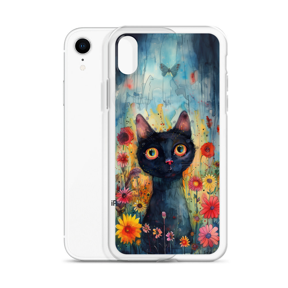 iPhone Case Watercolor Black Cat with Colorful Flowers