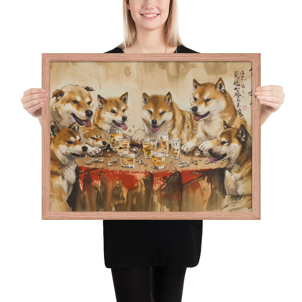 Shiba Inu Gambling Party Framed Poster – Funny Dog Wall Art for Game Rooms, Offices & Dog Lovers