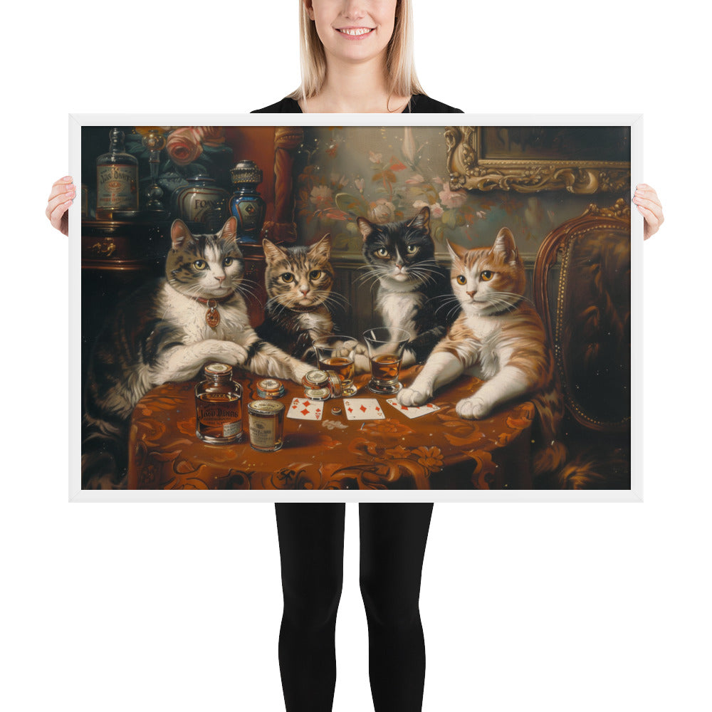 Poker Night with the Kitties – Funny Cat Art Framed Poster for Game Rooms, Living Spaces & Cat Lovers