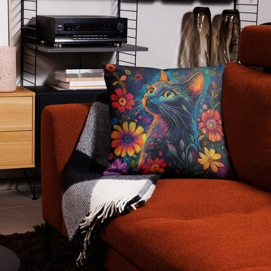 Neon Colorful Cats and Flowers Premium Pillow