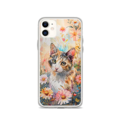 iPhone Case Watercolor Calico Cat with Colorful Flowers