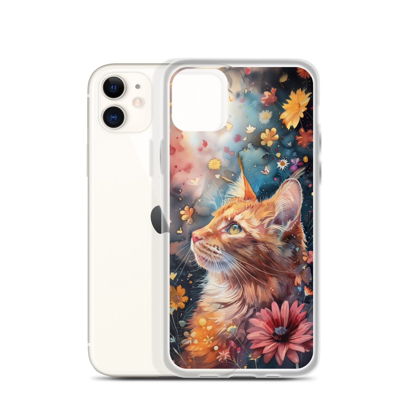 iPhone Case: Watercolor Orange Tabby Cat with Colorful Flowers