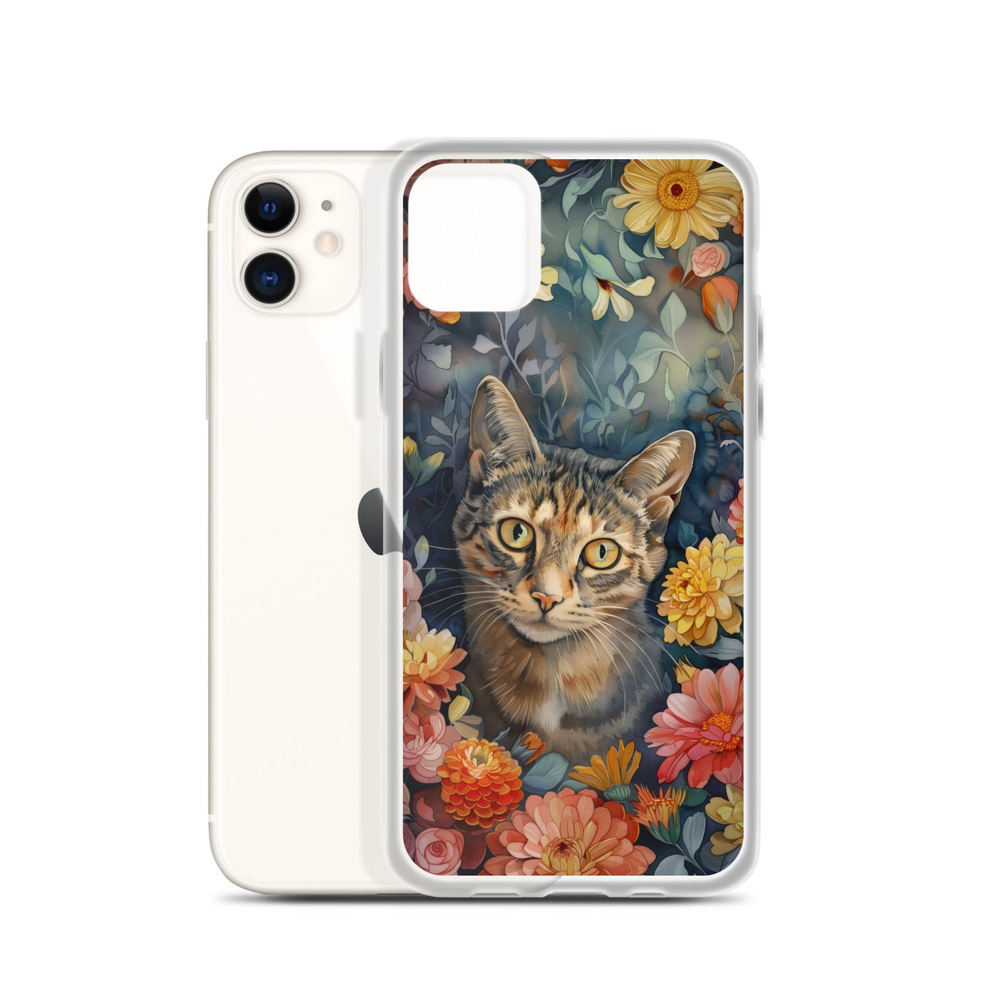 iPhone Case Watercolor Tabby Cat with Colorful Flowers