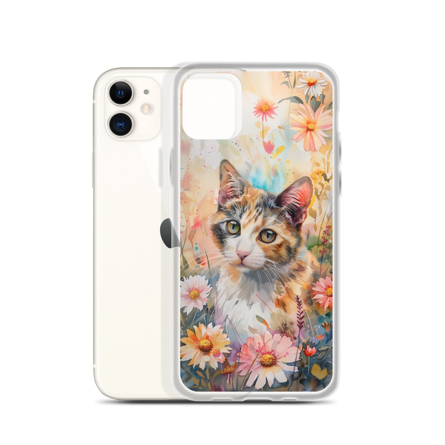 iPhone Case Watercolor Calico Cat with Colorful Flowers