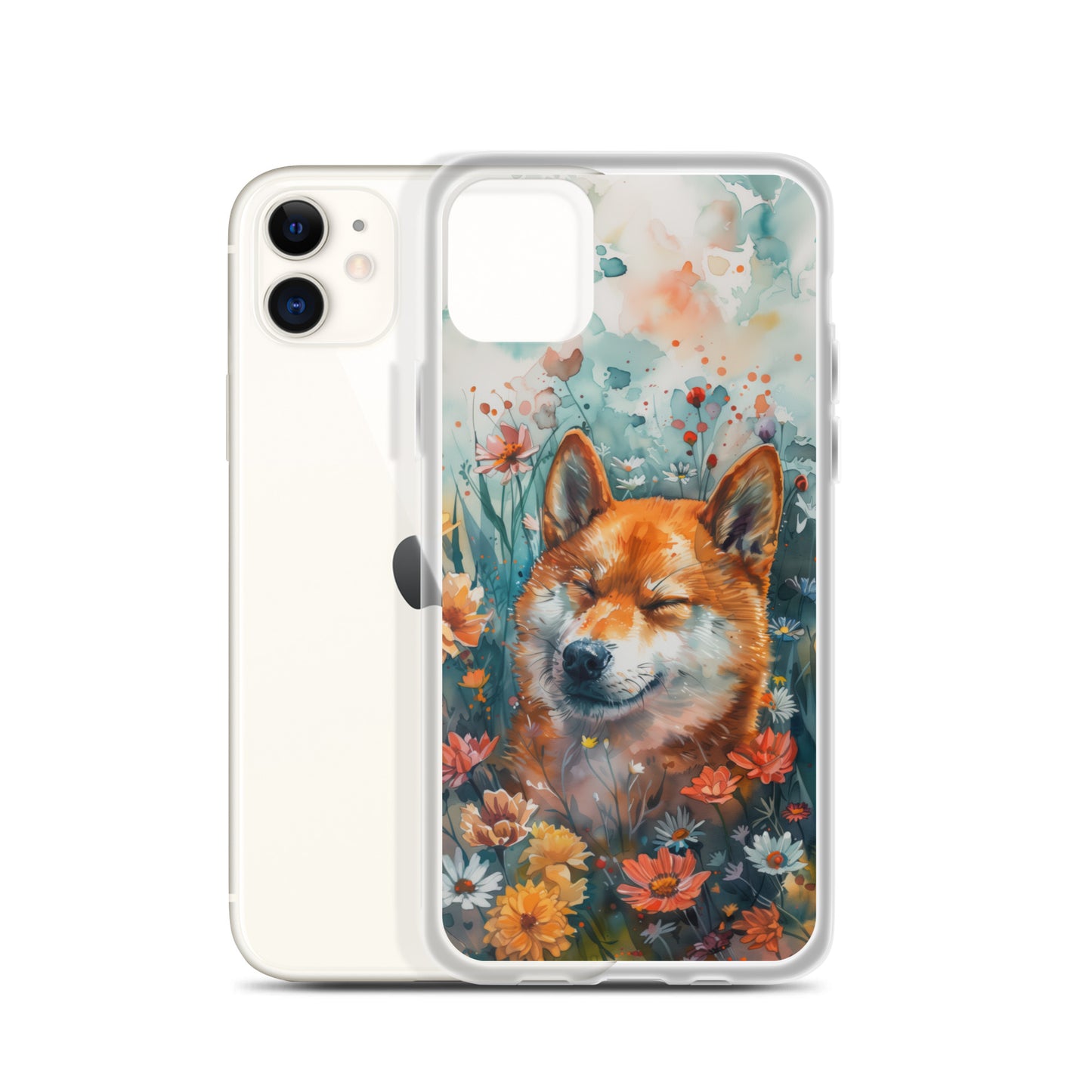 iPhone Case Watercolor Shiba Inu with Colorful Flowers