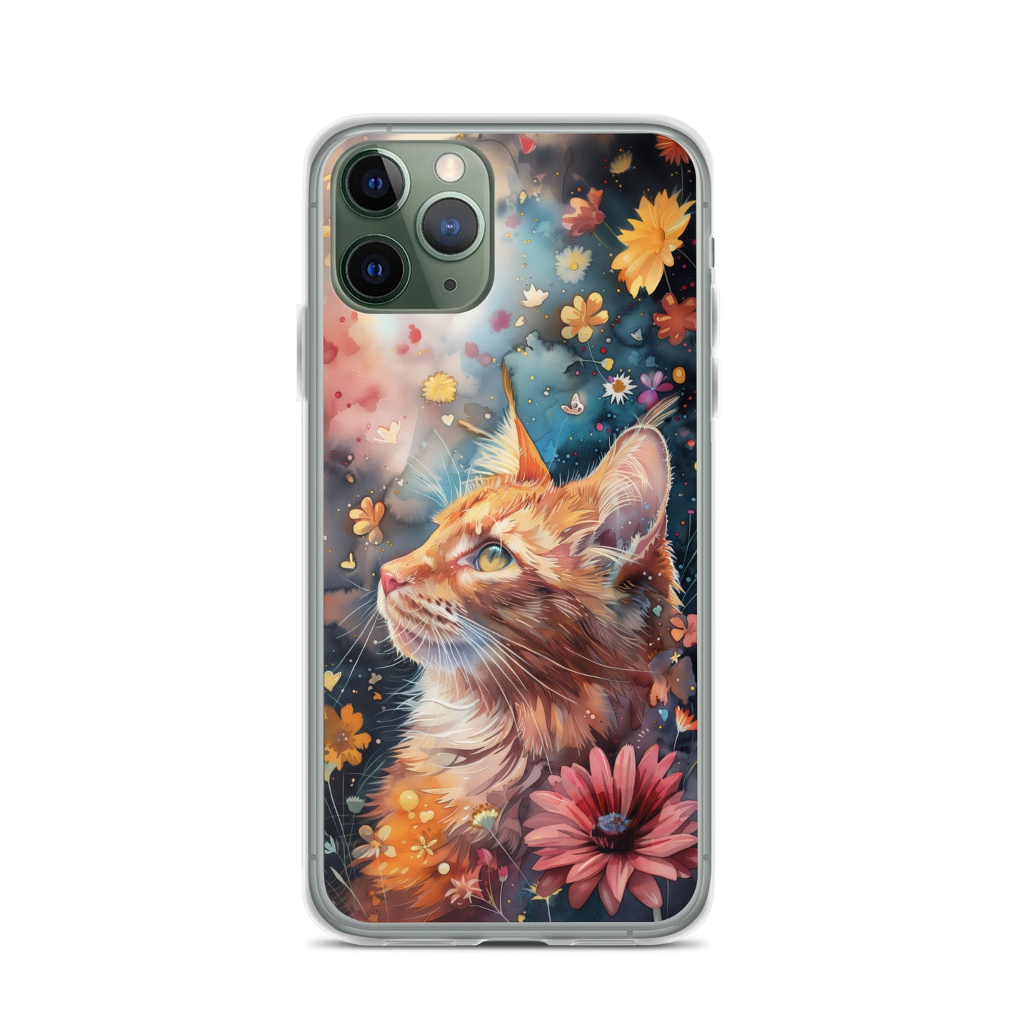 iPhone Case: Watercolor Orange Tabby Cat with Colorful Flowers