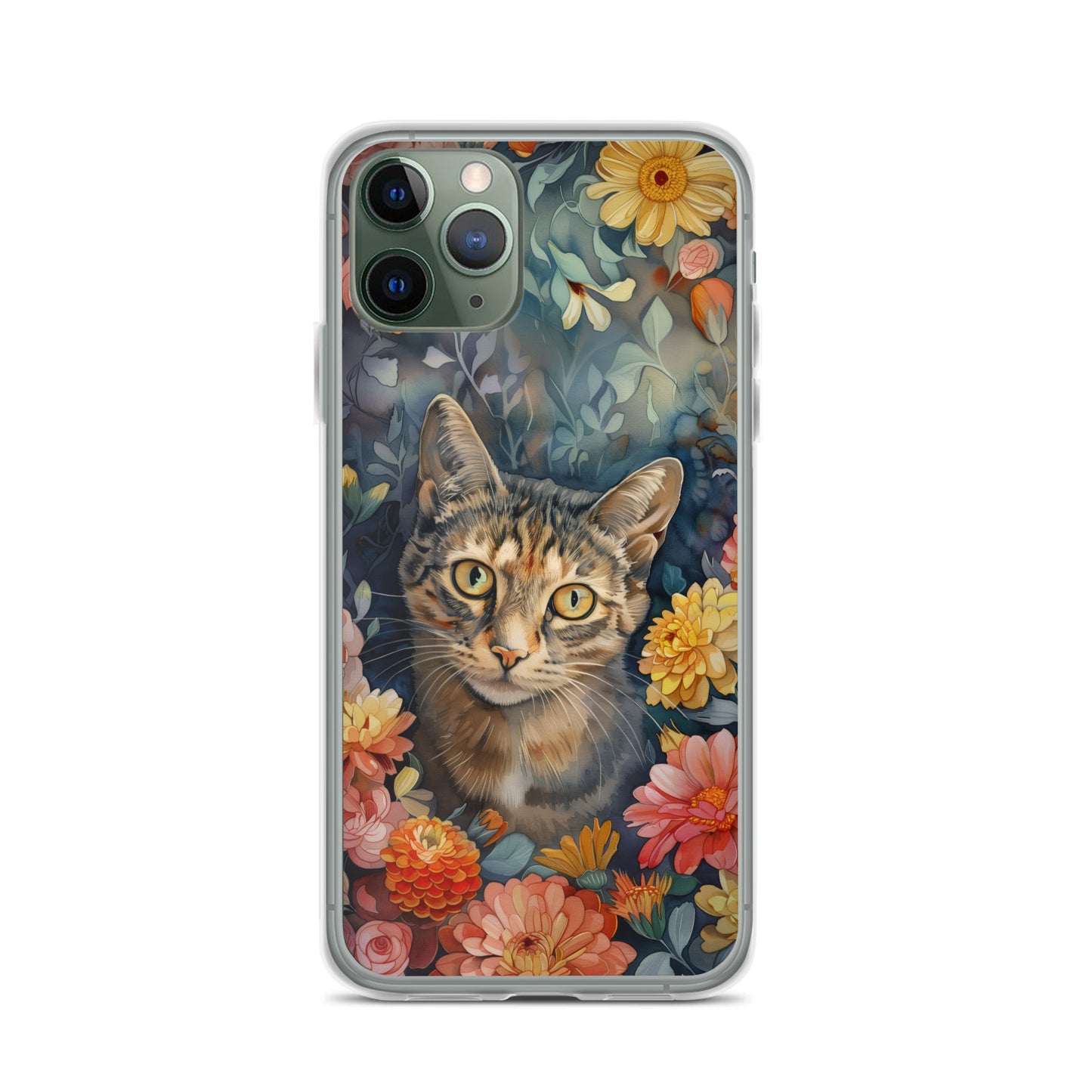 iPhone Case Watercolor Tabby Cat with Colorful Flowers