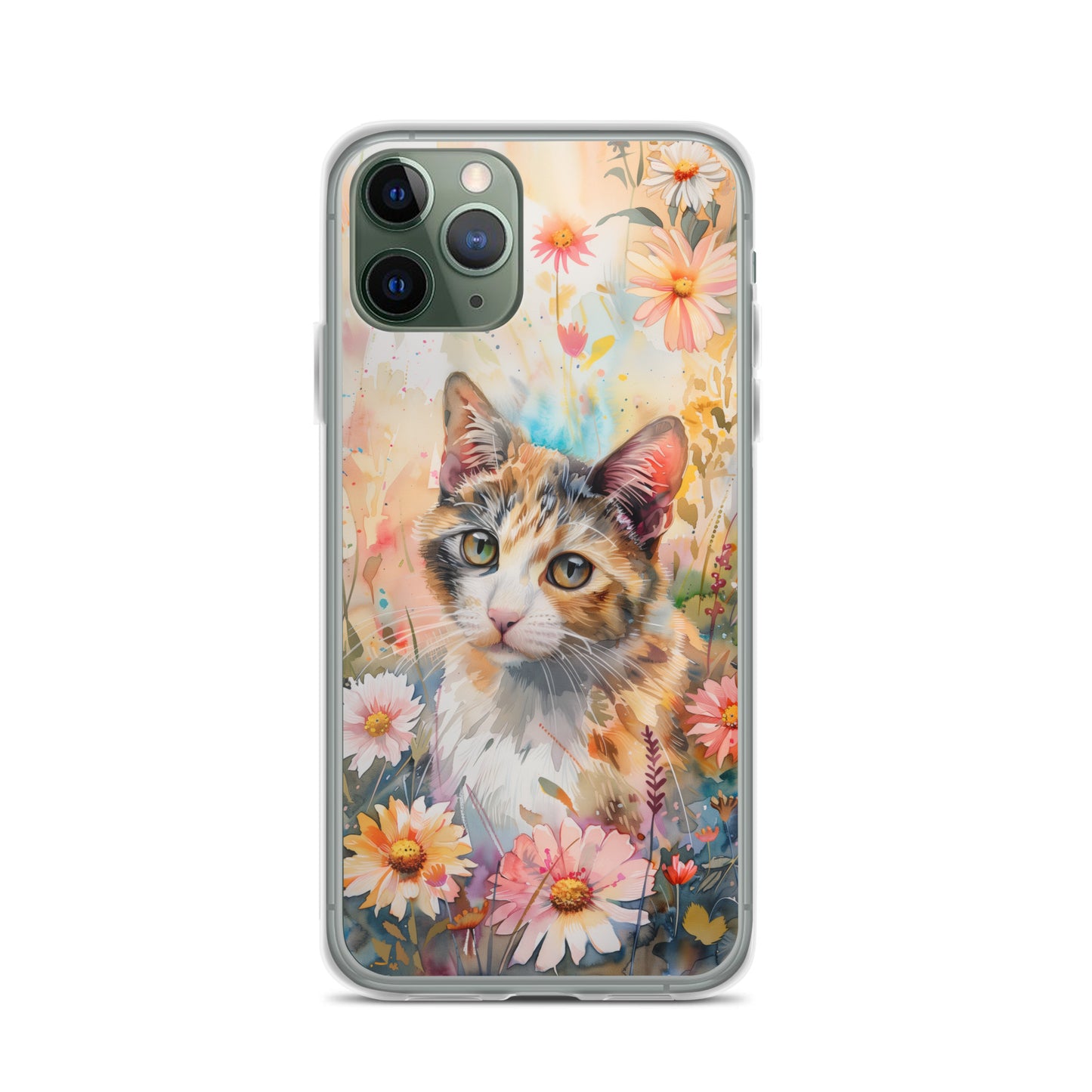 iPhone Case Watercolor Calico Cat with Colorful Flowers