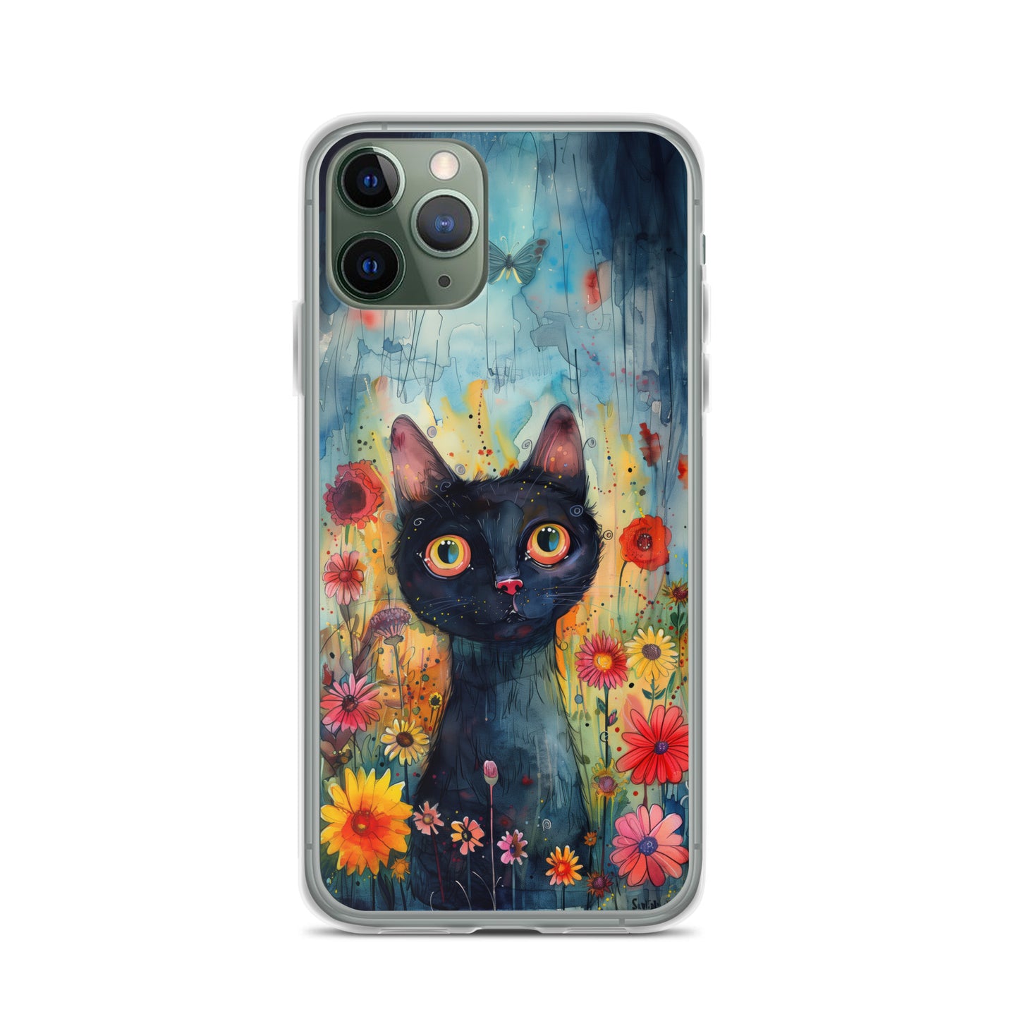 iPhone Case Watercolor Black Cat with Colorful Flowers
