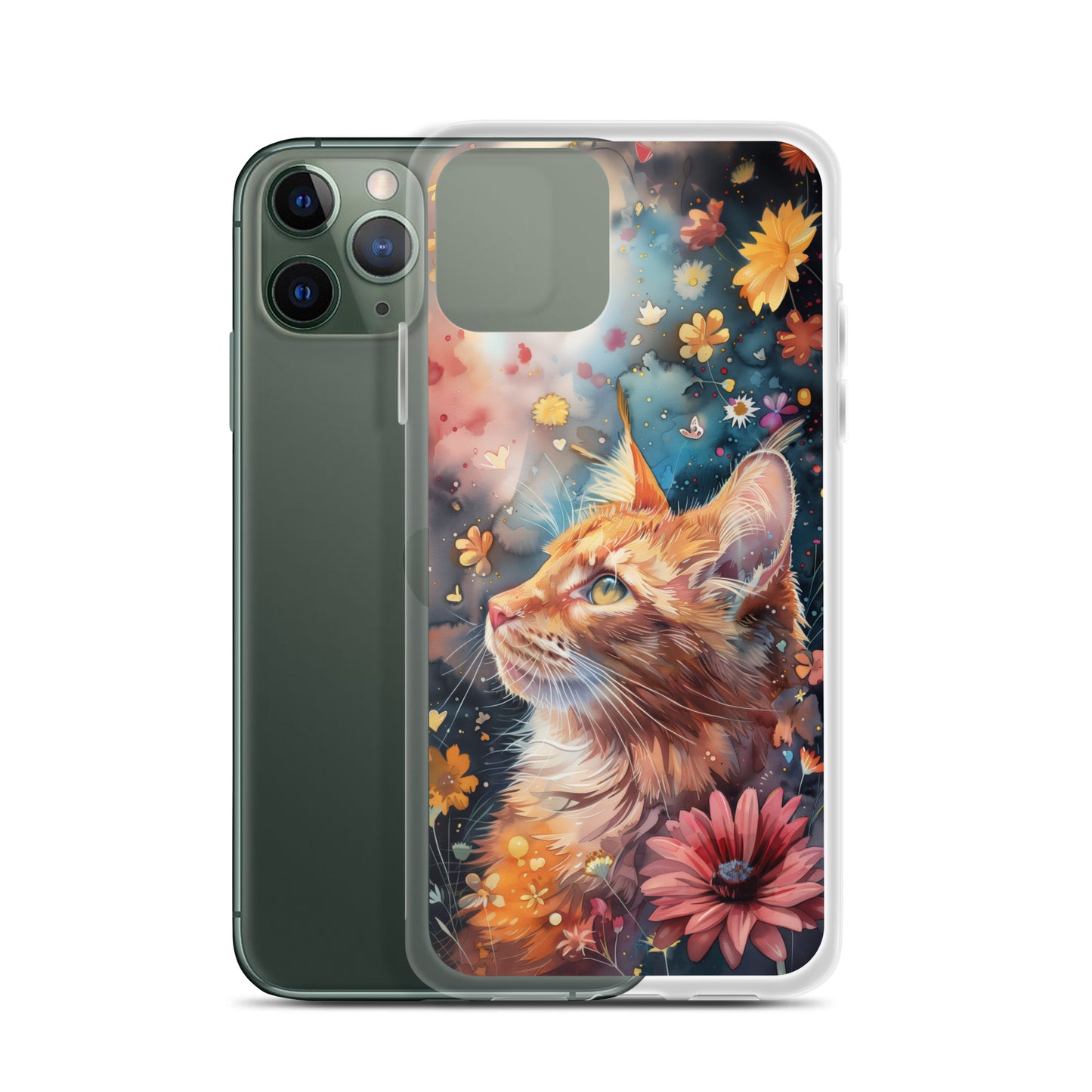 iPhone Case: Watercolor Orange Tabby Cat with Colorful Flowers