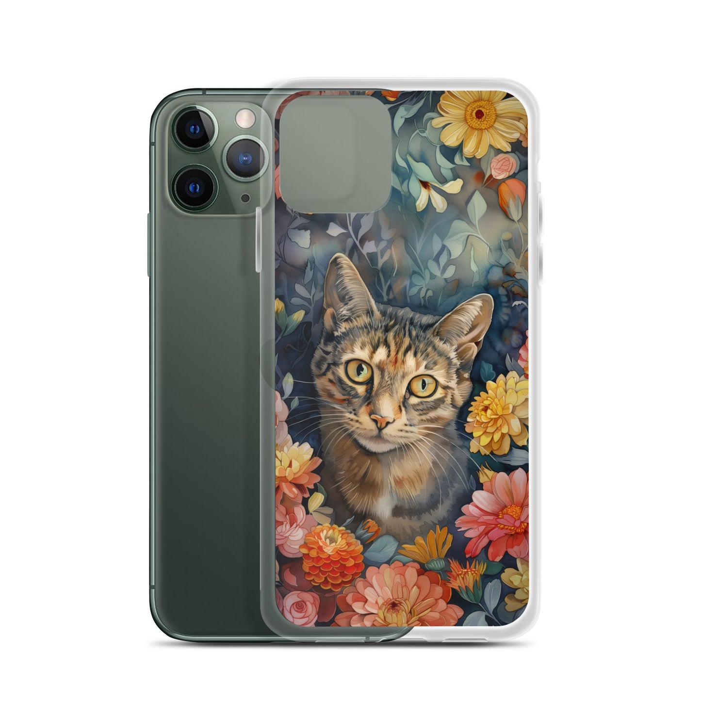 iPhone Case Watercolor Tabby Cat with Colorful Flowers