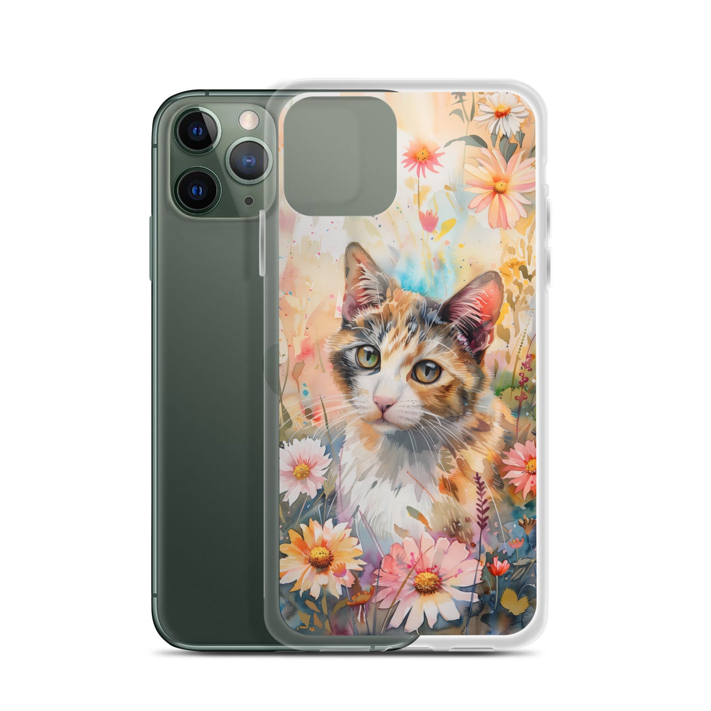 iPhone Case Watercolor Calico Cat with Colorful Flowers