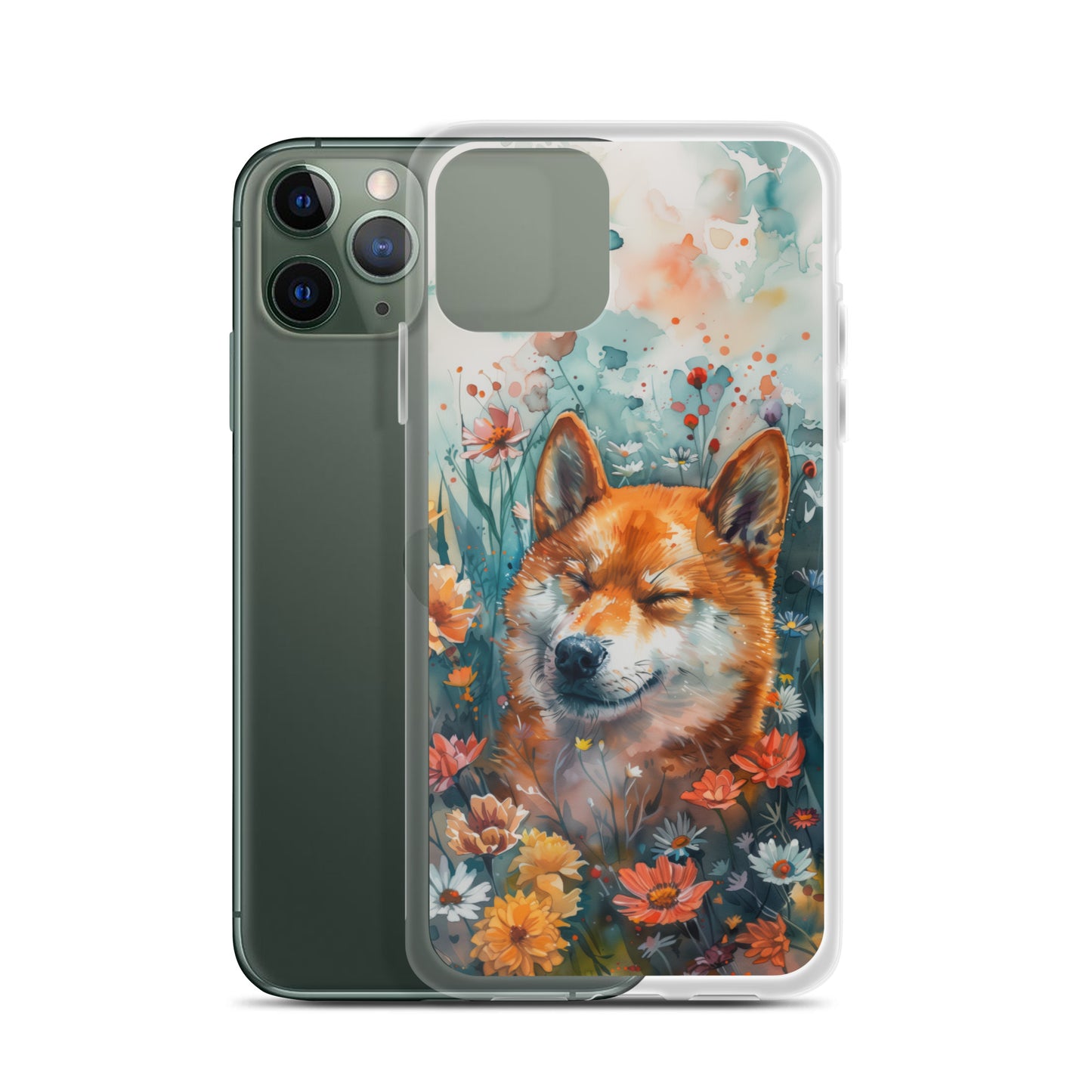 iPhone Case Watercolor Shiba Inu with Colorful Flowers