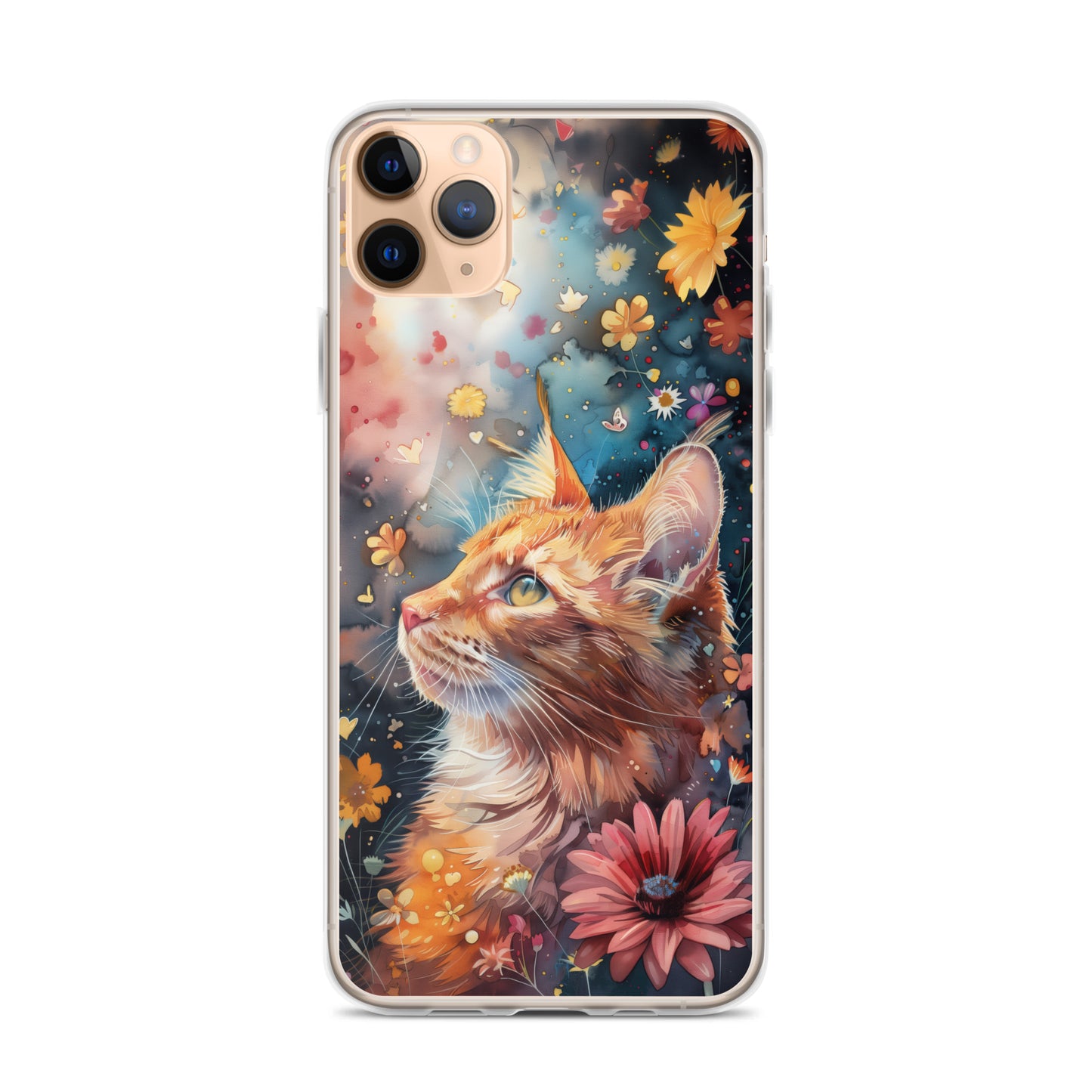 iPhone Case: Watercolor Orange Tabby Cat with Colorful Flowers