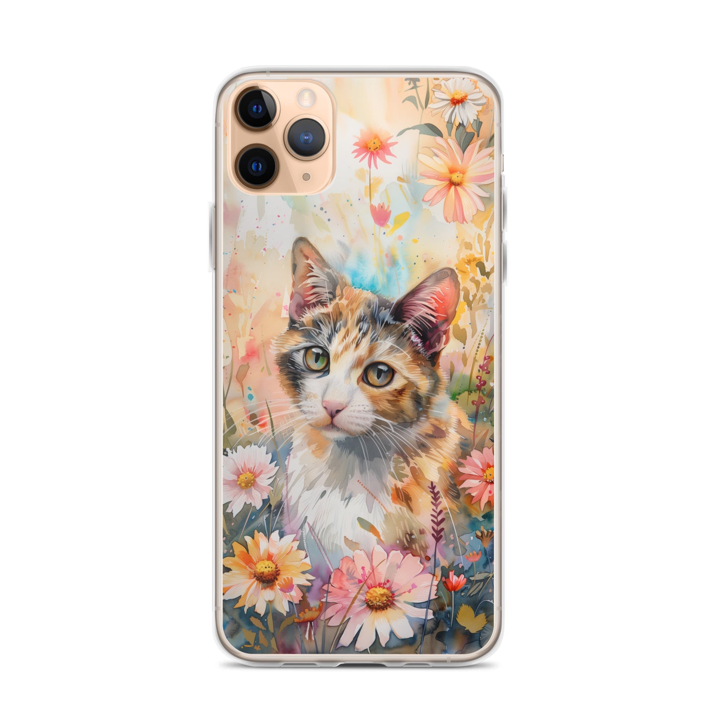 iPhone Case Watercolor Calico Cat with Colorful Flowers