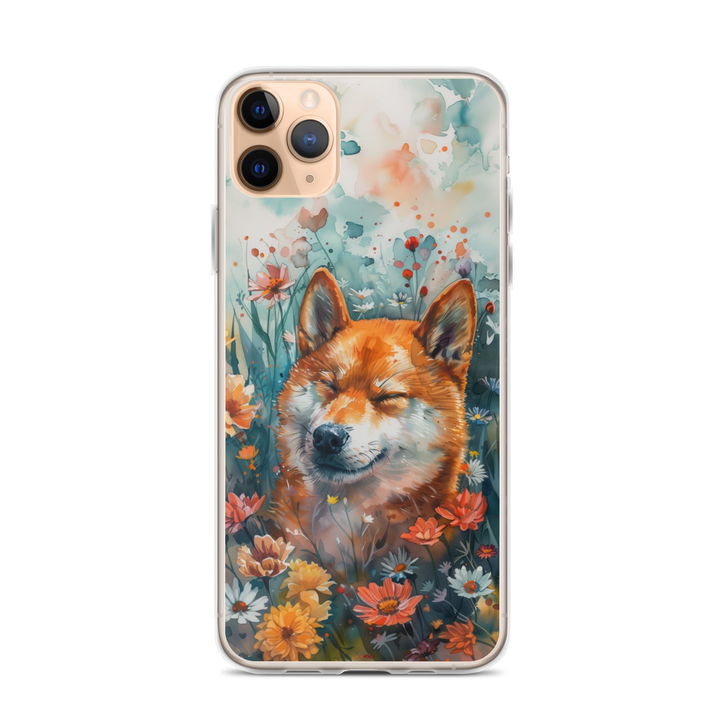 iPhone Case Watercolor Shiba Inu with Colorful Flowers