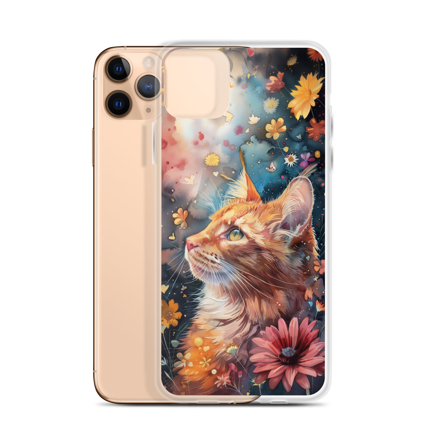 iPhone Case: Watercolor Orange Tabby Cat with Colorful Flowers