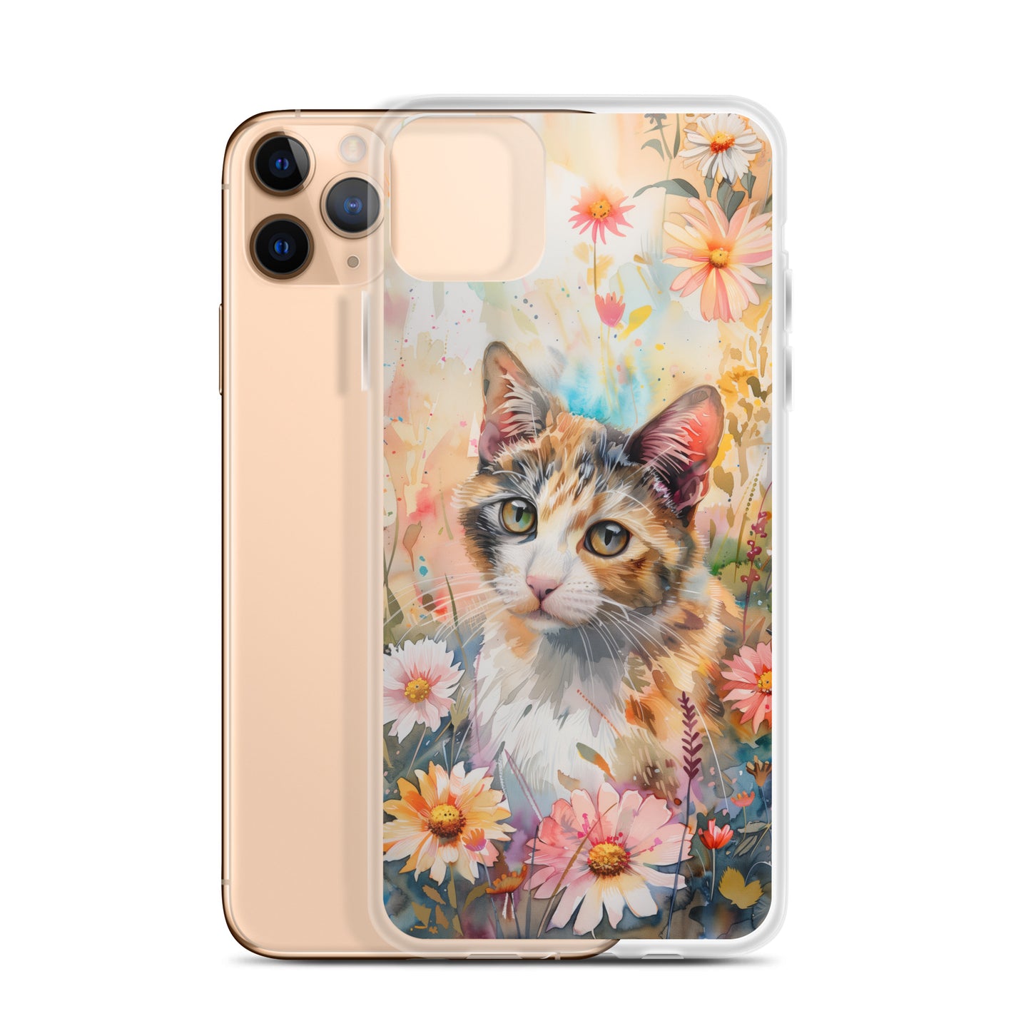 iPhone Case Watercolor Calico Cat with Colorful Flowers