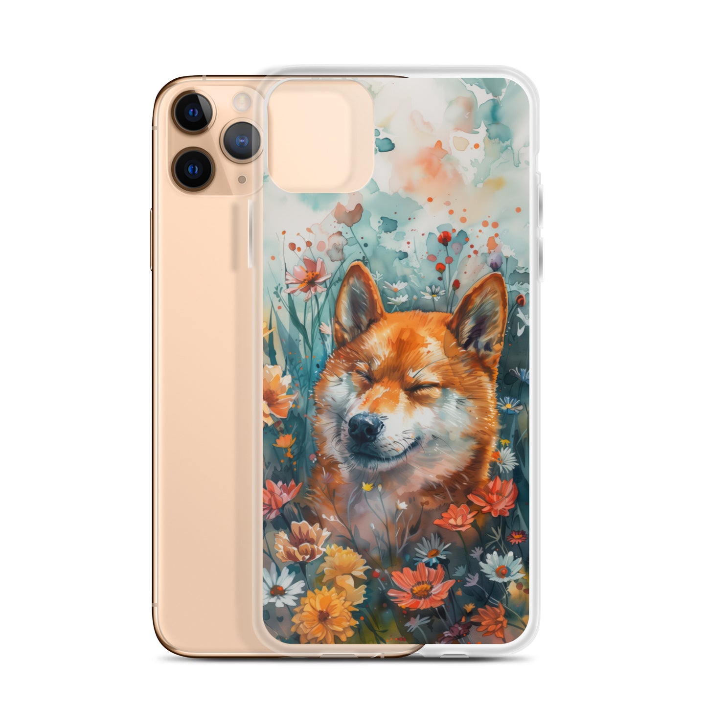 iPhone Case Watercolor Shiba Inu with Colorful Flowers