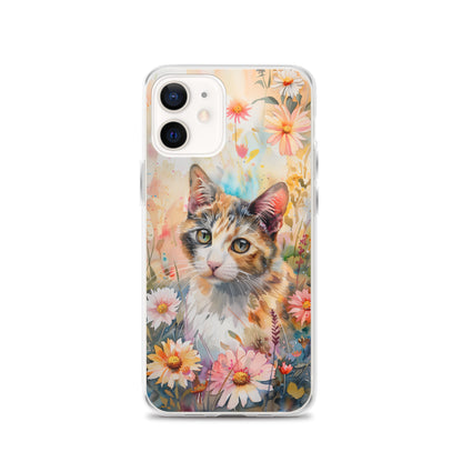 iPhone Case Watercolor Calico Cat with Colorful Flowers