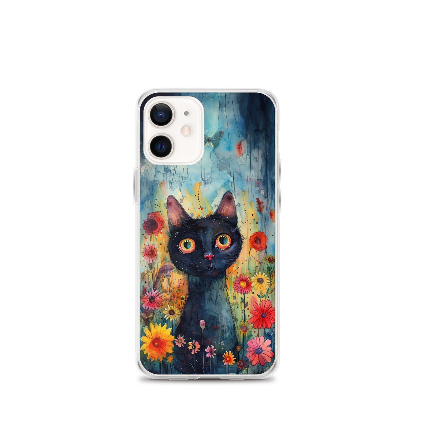 iPhone Case Watercolor Black Cat with Colorful Flowers