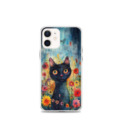 iPhone Case Watercolor Black Cat with Colorful Flowers
