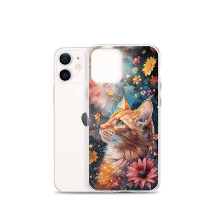 iPhone Case: Watercolor Orange Tabby Cat with Colorful Flowers
