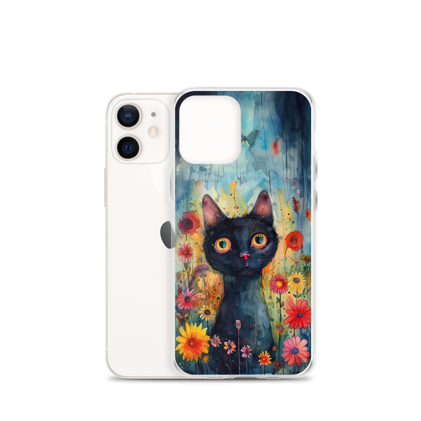 iPhone Case Watercolor Black Cat with Colorful Flowers