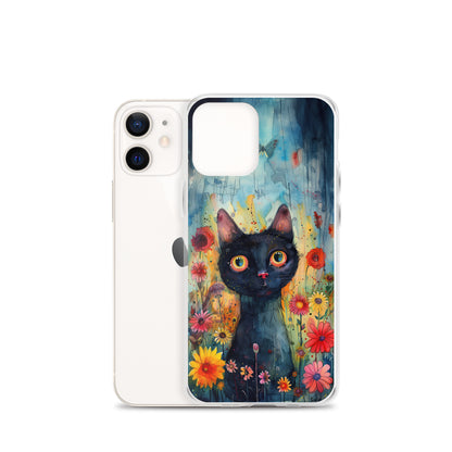 iPhone Case Watercolor Black Cat with Colorful Flowers