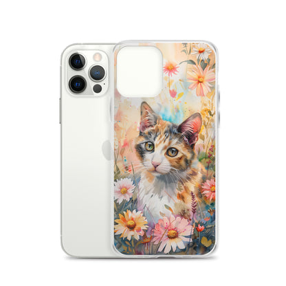 iPhone Case Watercolor Calico Cat with Colorful Flowers