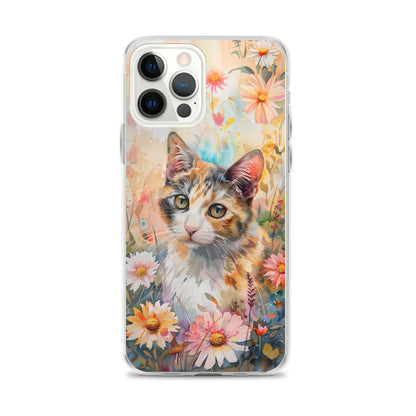 iPhone Case Watercolor Calico Cat with Colorful Flowers