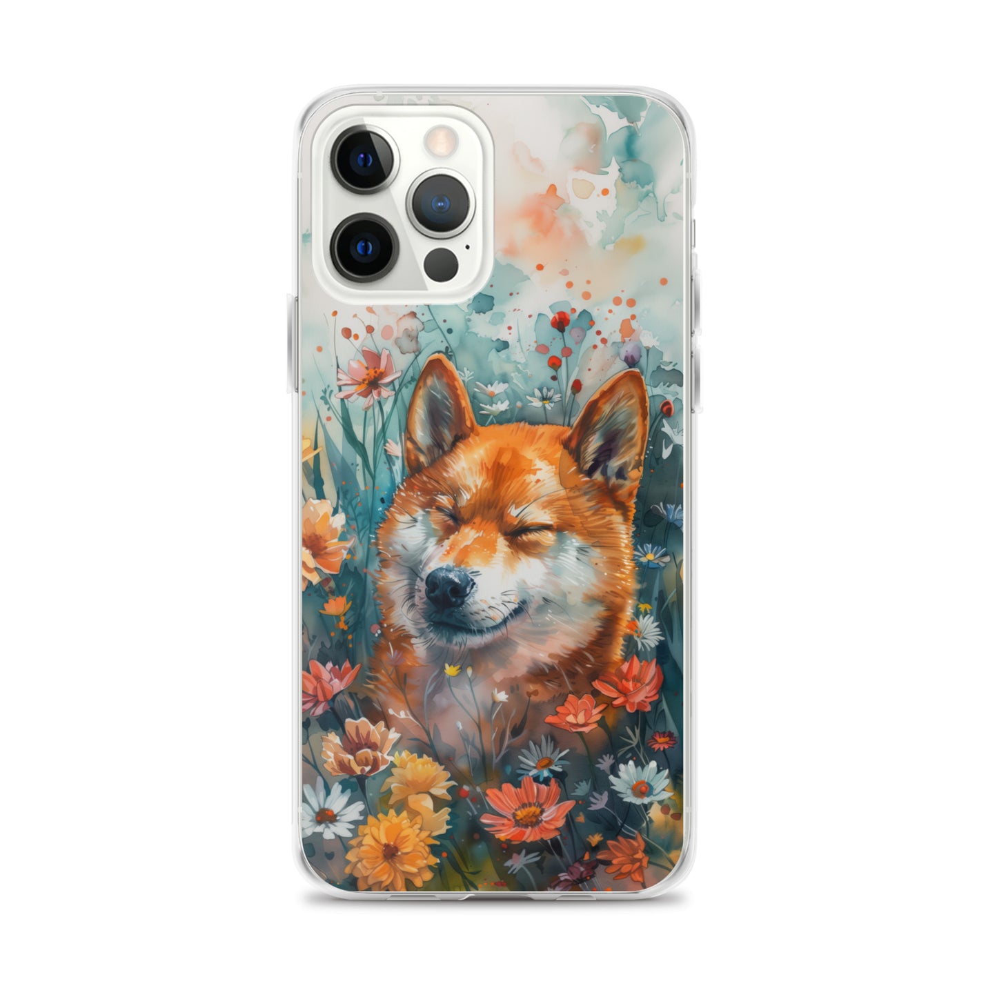iPhone Case Watercolor Shiba Inu with Colorful Flowers