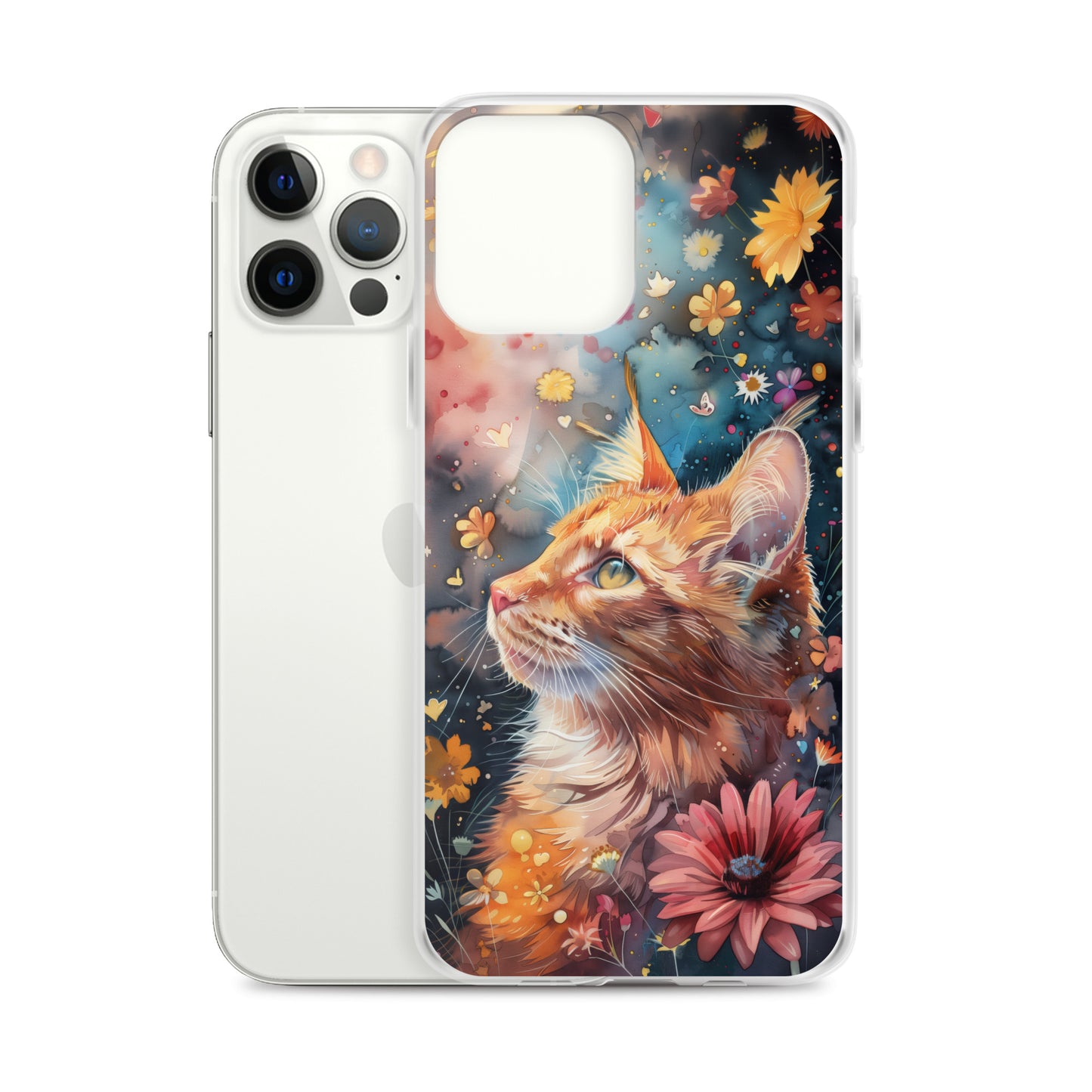 iPhone Case: Watercolor Orange Tabby Cat with Colorful Flowers