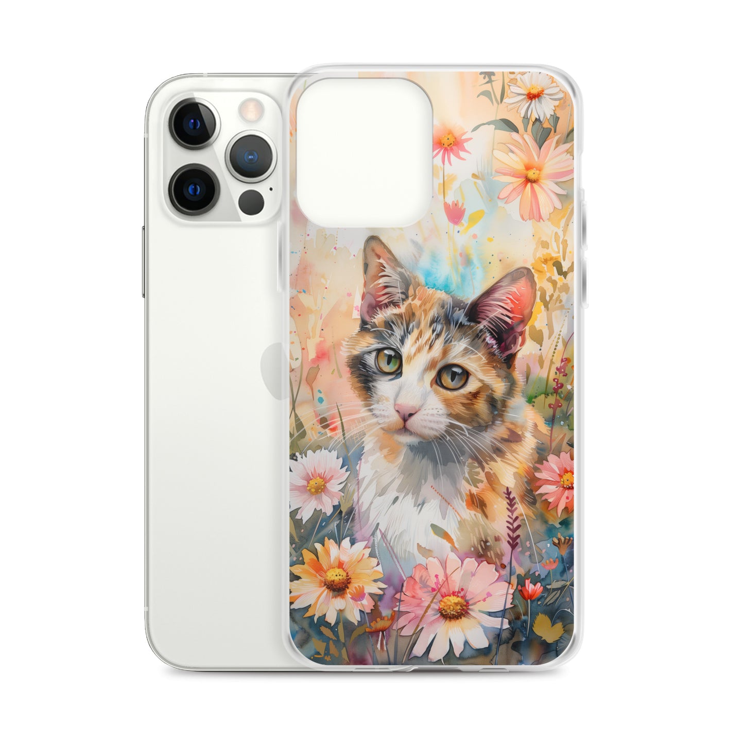 iPhone Case Watercolor Calico Cat with Colorful Flowers
