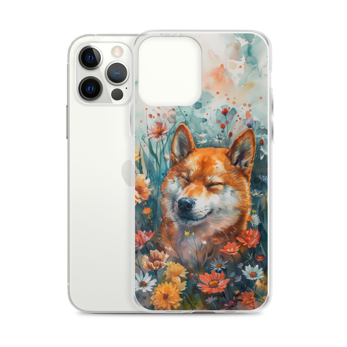 iPhone Case Watercolor Shiba Inu with Colorful Flowers