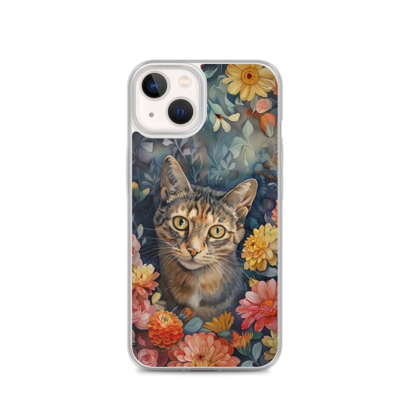 iPhone Case Watercolor Tabby Cat with Colorful Flowers