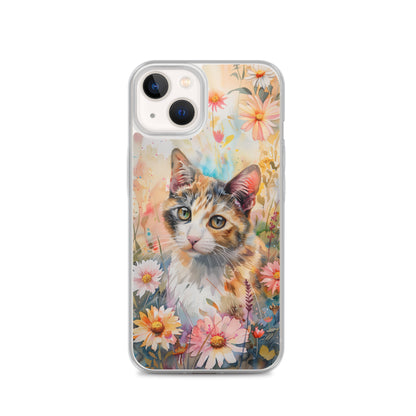 iPhone Case Watercolor Calico Cat with Colorful Flowers