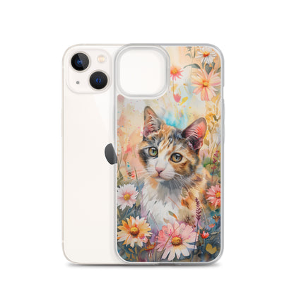 iPhone Case Watercolor Calico Cat with Colorful Flowers